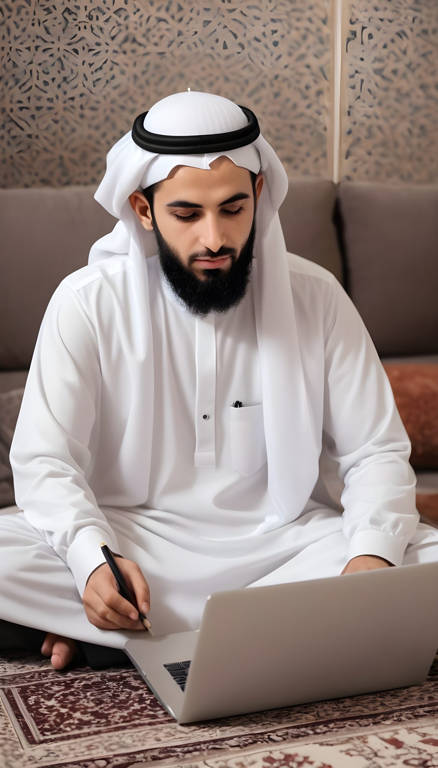 A person sitting in front of a computer, studying the Quran online.