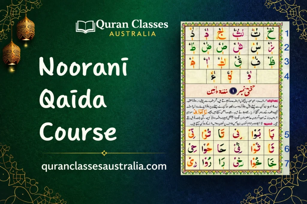 Noorani Qaida Course image showing a Quran Classes Australia banner with deep green background, golden lanterns, and a Noorani Qaida page featuring Arabic letters and diacritical marks.