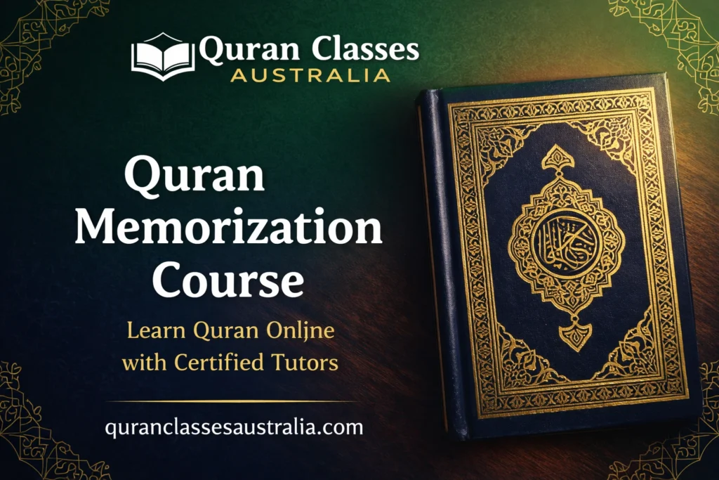 Quran Classes Australia Quran Memorization Course showing a closed Quran with ornate gold and blue cover, alongside promotional text highlighting online memorization with certified tutors.