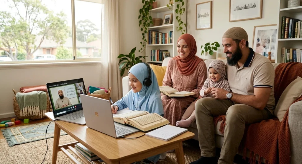 Muslim family sitting together in a cozy living room while a young girl attends an online Quran class on a laptop and studies from the Quran.