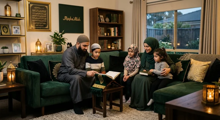 Muslim family gathered in a cozy living room reading the Quran together during an evening study session.