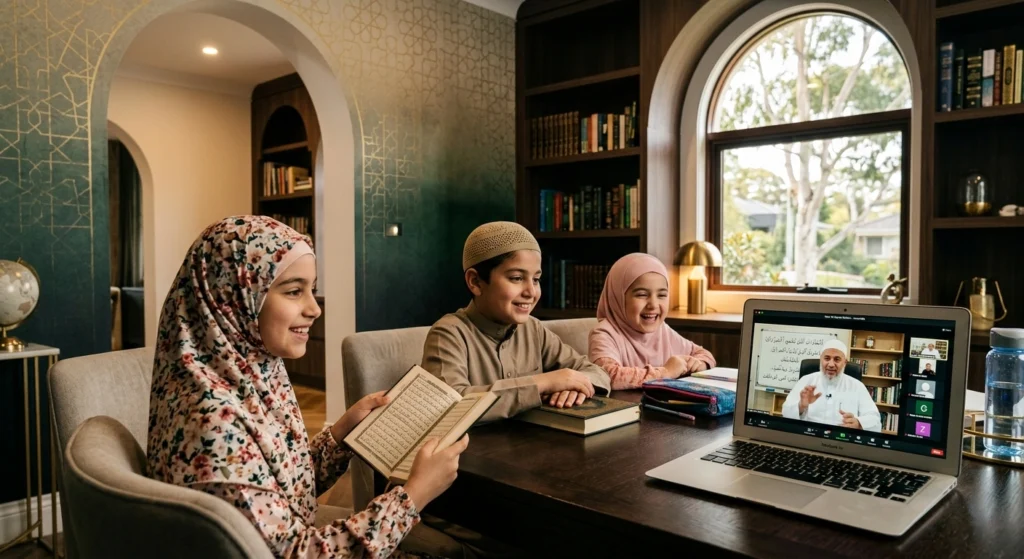 Children attending a live online Islamic class on a laptop while reading Quran study materials at home.