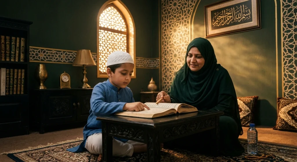 Mother teaching a young boy Quran reading at a small table in an Islamic-inspired study room.