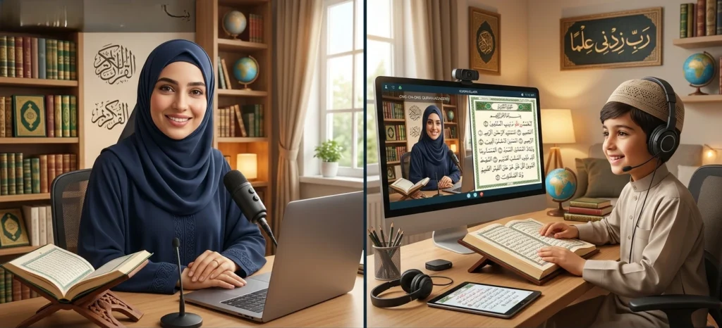 Young student attending a one-on-one online Quran class with a female Quran teacher through video call at home