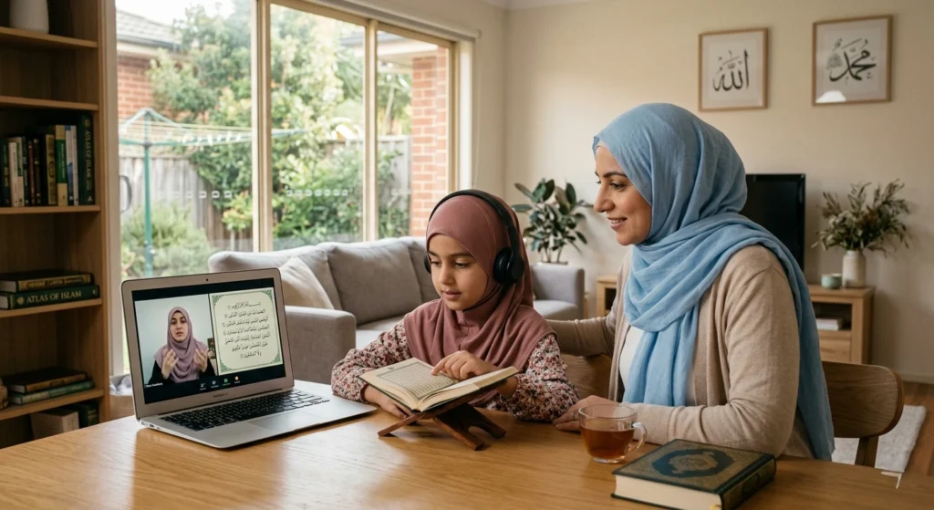 Muslim mother helping her daughter attend an online Quran class from home in Australia using a laptop and Quran stand