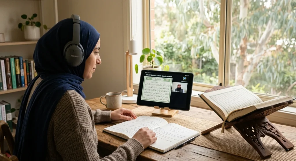 Muslim woman studying Quran online at home with a tablet, headphones, and open Quran near a window