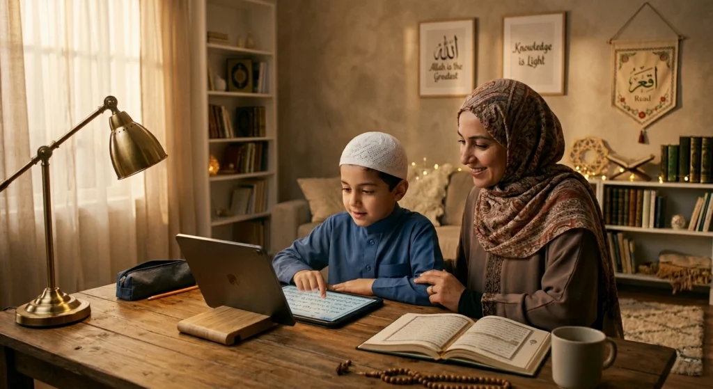 Young Muslim boy learning Quran online with his mother at home – best online Quran classes for kids in Australia
