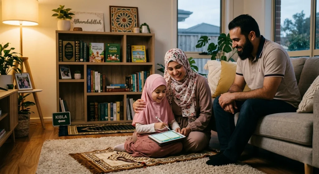 Happy Muslim family supporting child during Quran study session – best online Quran classes for kids in Australia