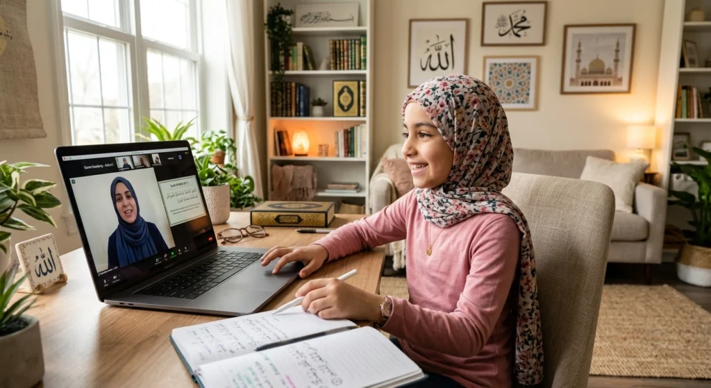 Muslim girl attending virtual Quran lesson on laptop – best online Quran classes for kids in Australia