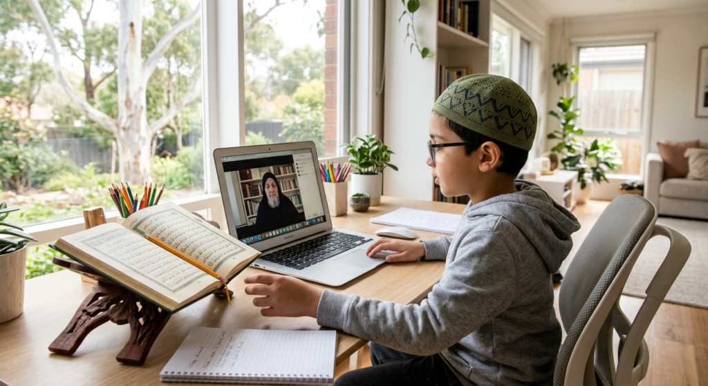 Young Muslim boy attending an online Quran class from home, reading the Quran on a wooden stand while learning through a laptop video call with a teacher.