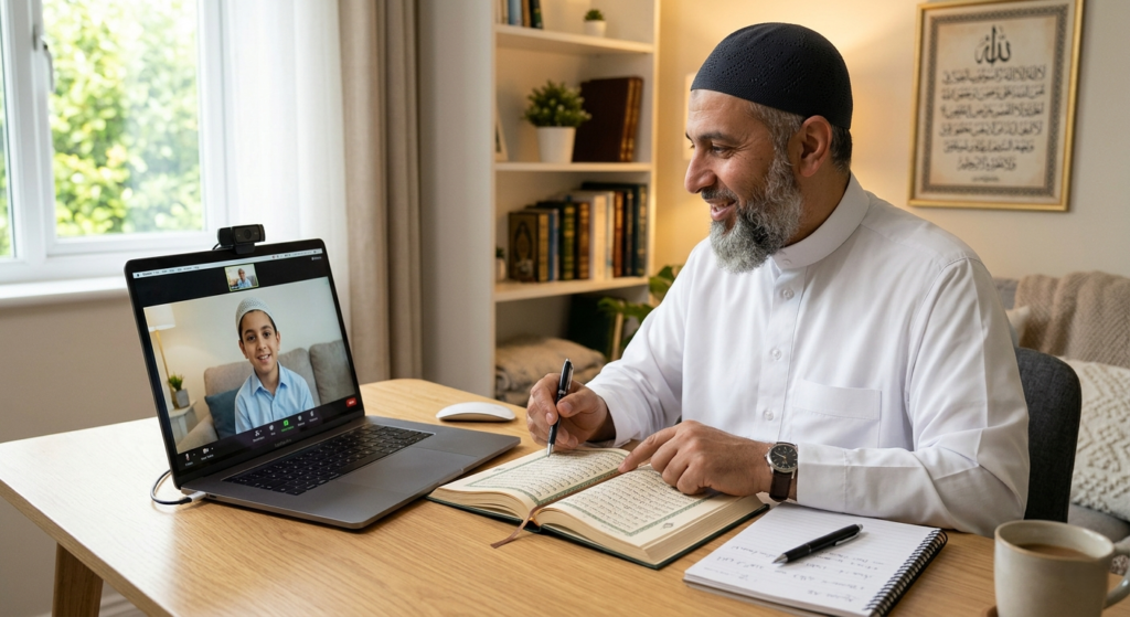 Muslim Quran teacher conducting an online Quran class from home, guiding a student through recitation and notes during a live video lesson.