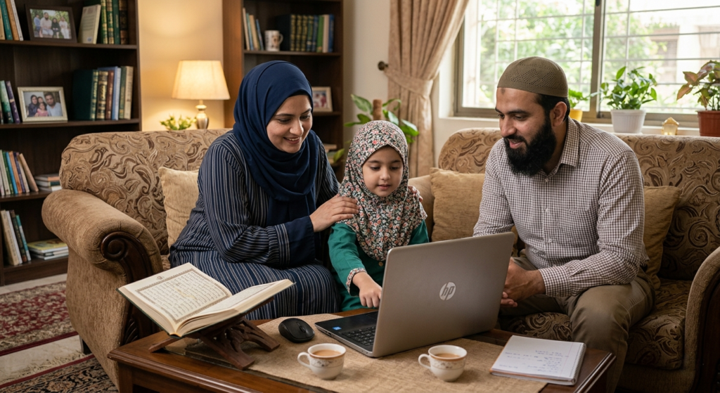Muslim family attending an online Quran learning session together at home, with parents and child studying the Quran using a laptop in a cozy living room.