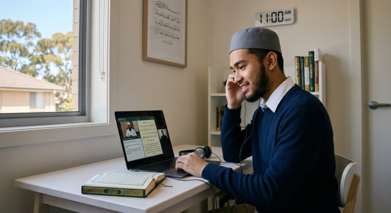 Young Muslim student attending an online Quran class of Hifz program from home, participating in a live lesson on a laptop with an open Quran and study materials on his desk.