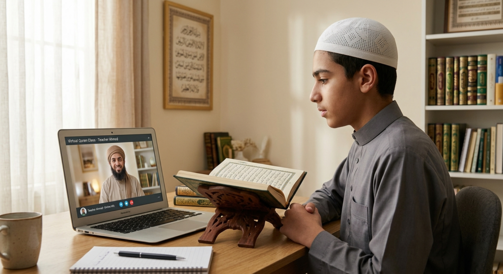 Muslim teenager studying Quran online with a live teacher on a laptop, reading from an open Quran placed on a traditional wooden stand.