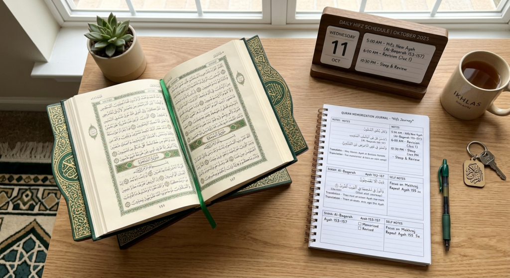 Quran memorization study desk featuring an open Quran, Hifz journal, daily revision schedule, notebook, and study materials for effective Quran learning and memorization