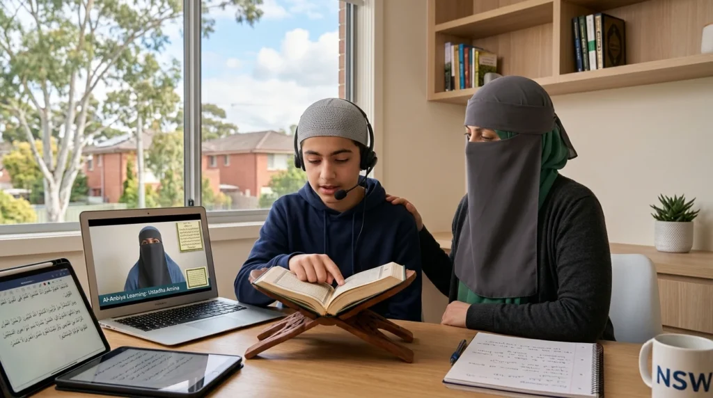Australian student attending an online Ijazah course with a qualified Quran teacher while a parent provides support at home.