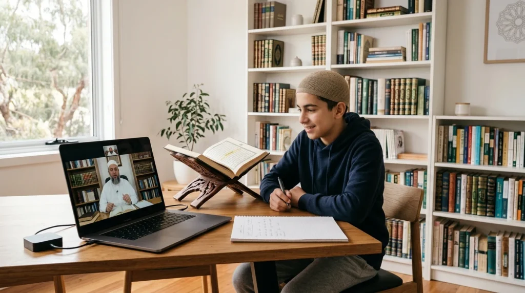 Australian student attending a live online Ijazah course with a qualified Quran teacher during a one-to-one recitation lesson.