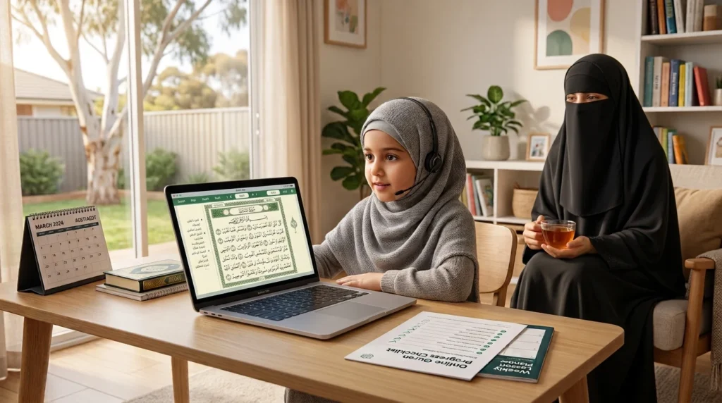Young Australian student learning Quran online with a parent nearby during a live one-to-one Tajweed lesson.