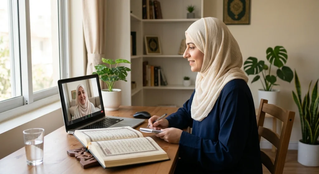 Female student attending an online Quran learning class from home, taking notes while reading the Holy Quran during a virtual lesson.