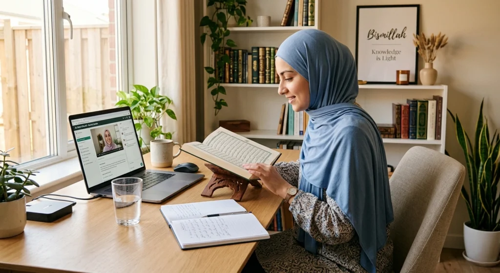Female student reading the Quran during an online Islamic learning session, following lessons on a laptop from a comfortable home study space.
