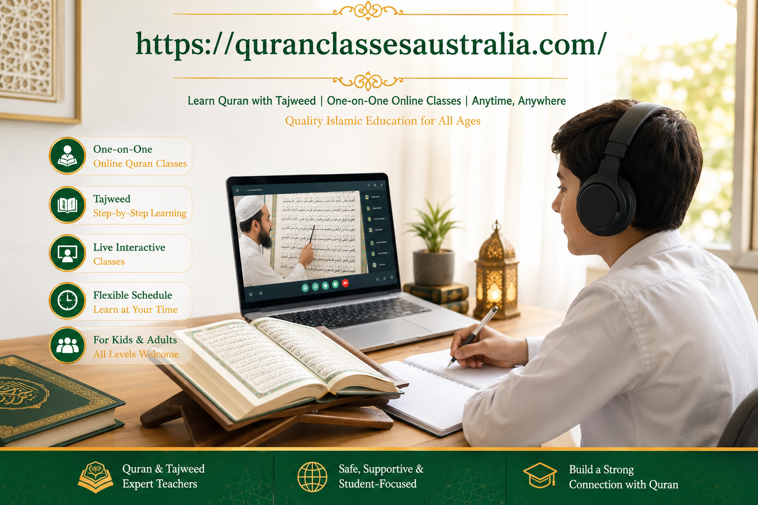 Young student attending a one-on-one online Quran and Tajweed class, wearing headphones and taking notes while learning from a live teacher through a laptop at home.