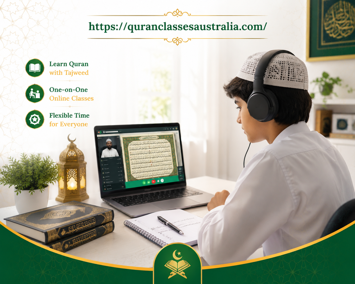 Young Muslim student wearing headphones attending an online Quran class with Tajweed instruction on a laptop, studying from home with Quran books and notes on a desk.