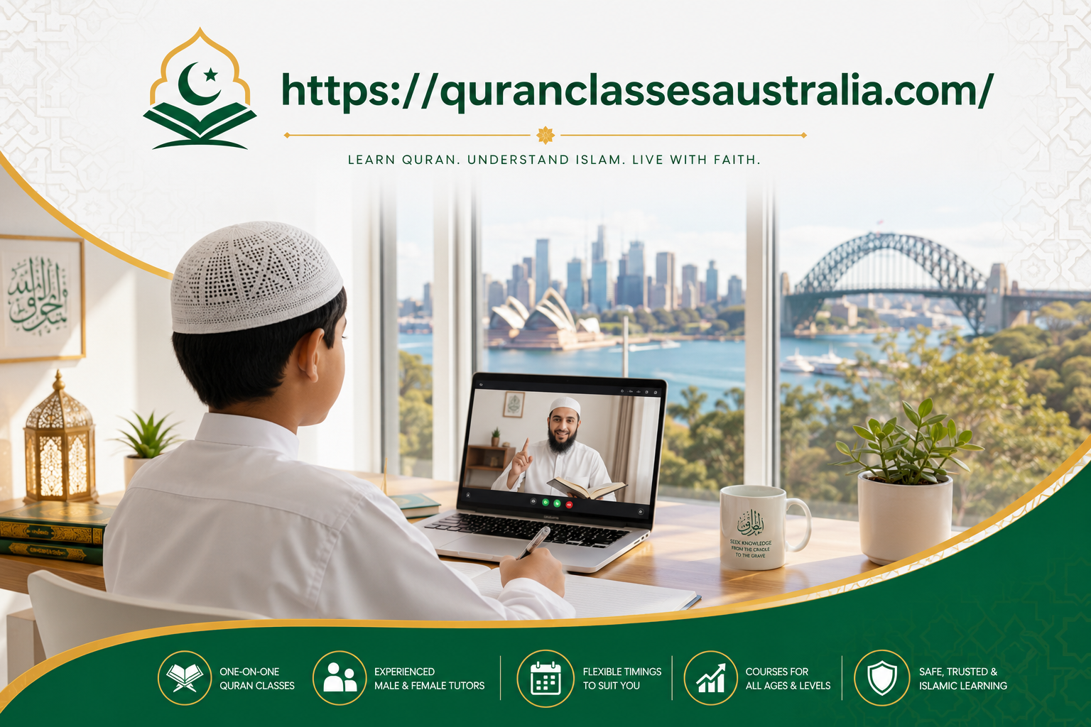 Student attending an online Quran class in Australia, learning from a qualified Quran teacher through a video call while studying from home with views of the Sydney Opera House and Harbour Bridge.