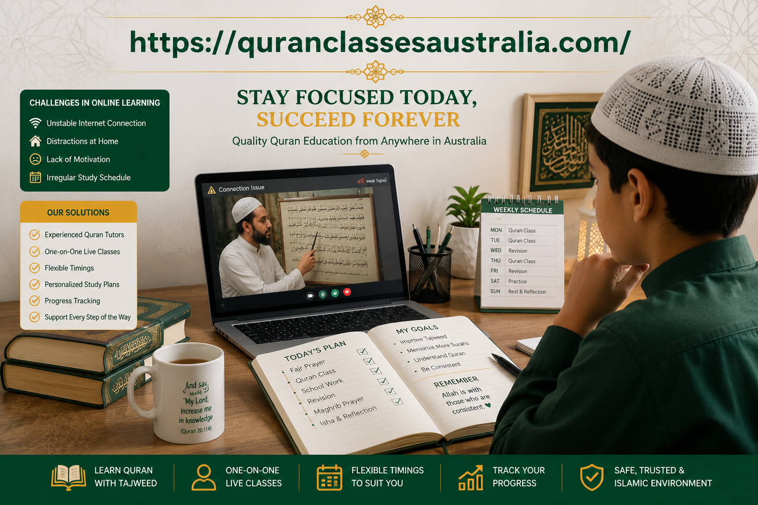 Muslim student studying Quran online at home while attending a live Tajweed class on a laptop, using a study planner and schedule to stay focused despite online learning challenges.