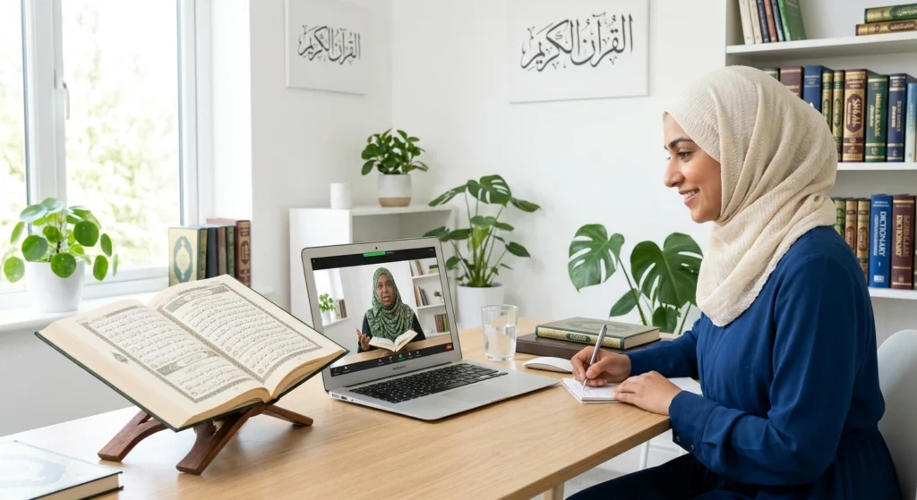Muslim woman attending a live online Quran class, studying the Holy Quran and taking notes while learning from a virtual teacher.