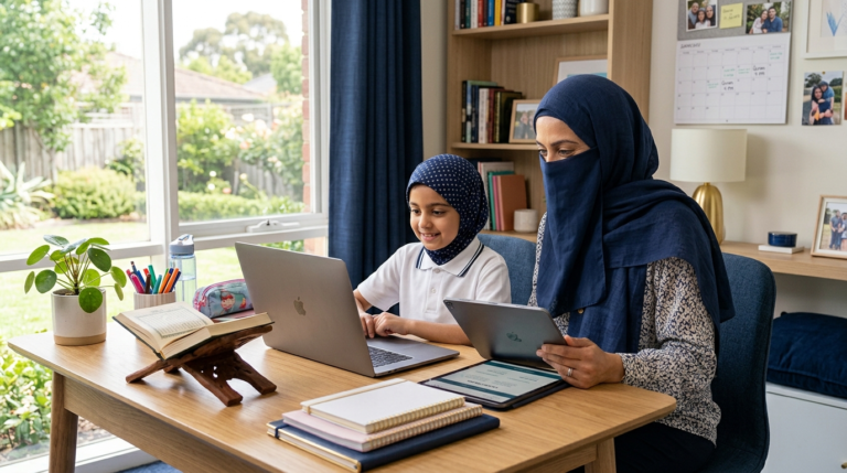 Australian Muslim mother and daughter comparing online Quran class fees at home