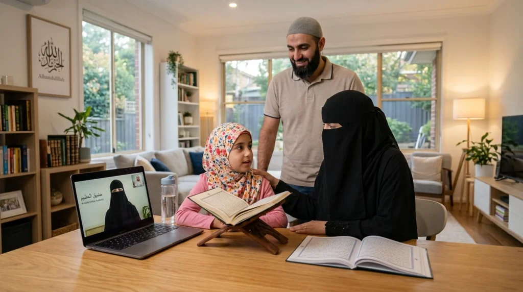 Australian Muslim family supporting their child during an online Quran Hifz class at home
