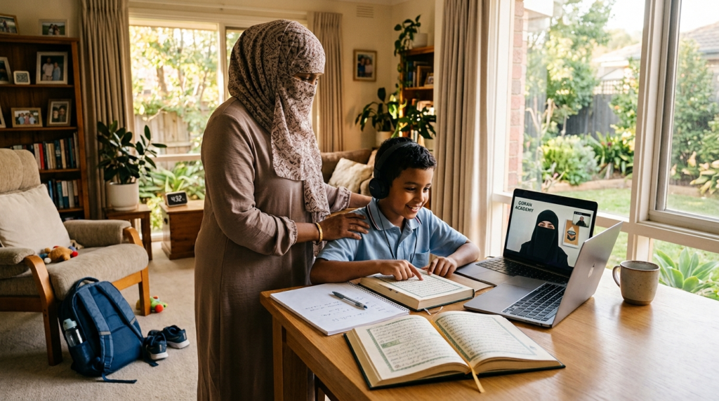 Australian Muslim girl attending a one-to-one online Quran class with a female Quran teacher