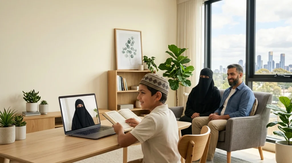 Melbourne family watching a child learn Quran online with a qualified female teacher during a live one-on-one lesson.
