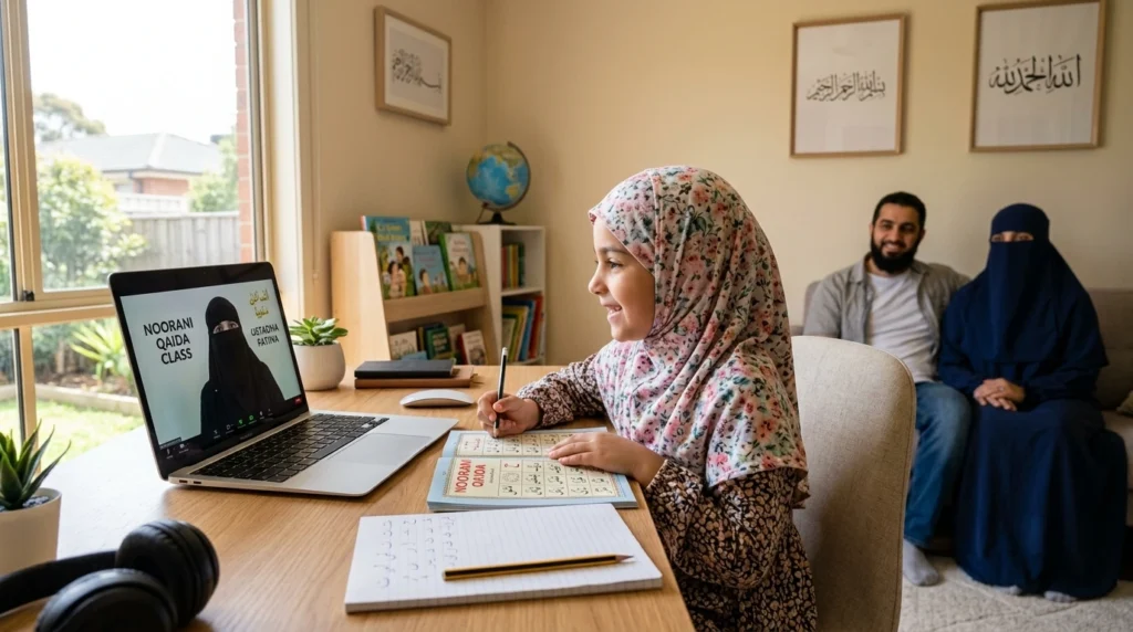 Young Muslim girl attending an online Noorani Qaida class from home in Australia with parents supervising the lesson.