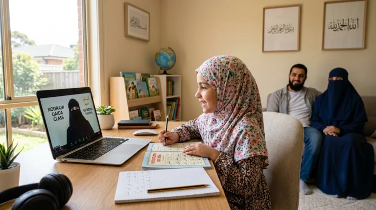 Young Muslim girl attending an online Noorani Qaida class from home in Australia with parents supervising the lesson.