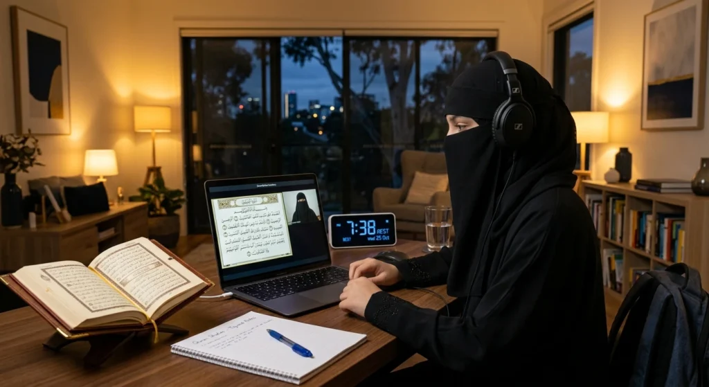 Muslim woman attending an online Quran class in Melbourne during an evening AEST lesson from home.