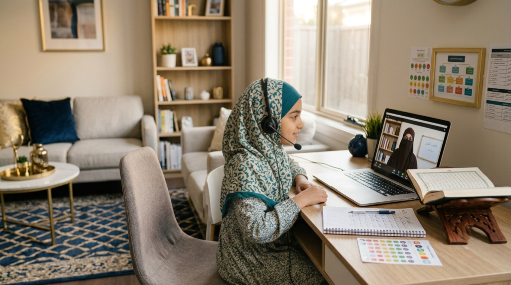 Australian Muslim mother supporting her son during an online Quran lesson at home
