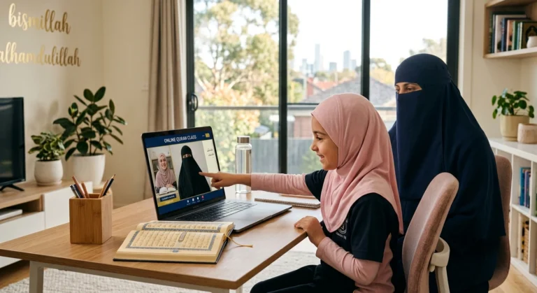 Online Quran classes in Melbourne with a child learning from a female teacher while a parent observes at home.