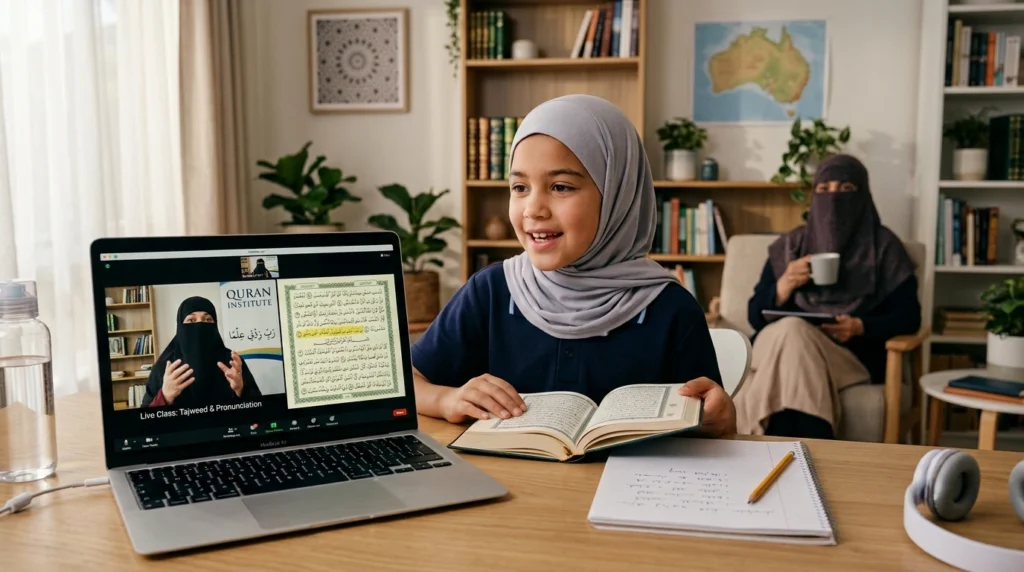 Australian Muslim child learning Quran online with a qualified teacher during a live one-to-one Tajweed lesson at home.