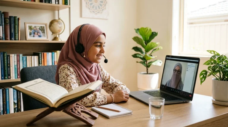 Young Muslim girl attending an online Quran memorization class with a female teacher in a modern Australian home