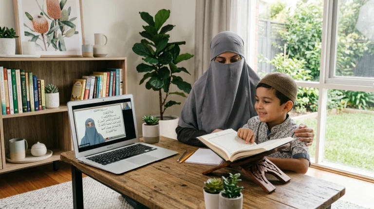Online Quran teacher conducting a one-on-one Quran class with a student in Australia