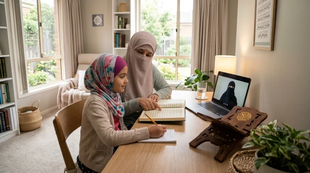 Mother helping her daughter with Quran memorization during an online Quran class in Australia
