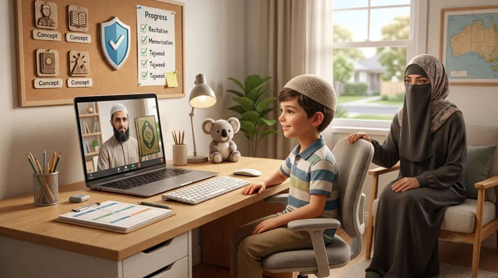 Safe online Quran class for children in Australia with parent supervision, qualified teacher, and structured learning progress.