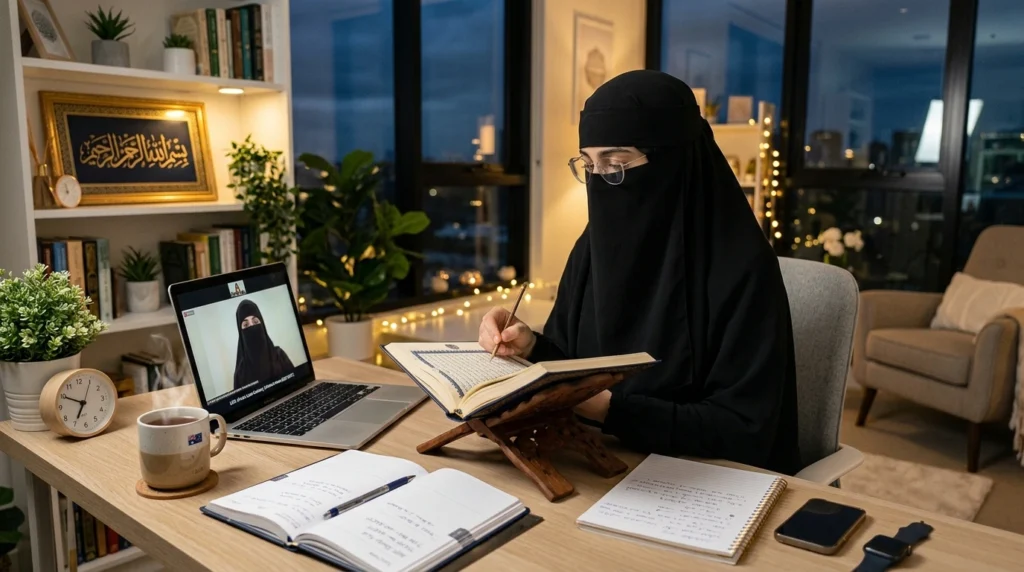 Adult Muslim woman studying Quran Hifz online with a qualified female teacher during an evening lesson in Australia.