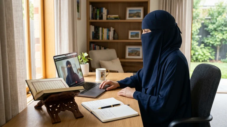Female Quran teacher conducting a one-on-one online Hifz class for a Muslim sister in Australia with flexible AEST scheduling.