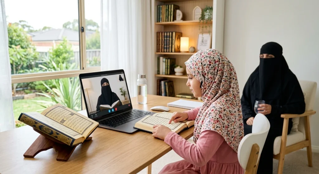 Young Muslim girl learning Quran online with a female teacher while her mother supervises at home in Australia.